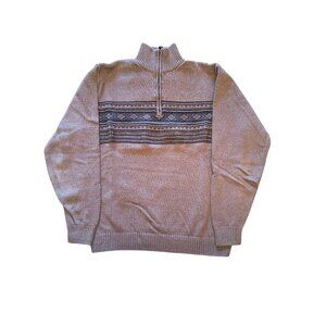 Oscar De La Renta Mens Large Beige Half-Zip Sweater With Nordic Pattern